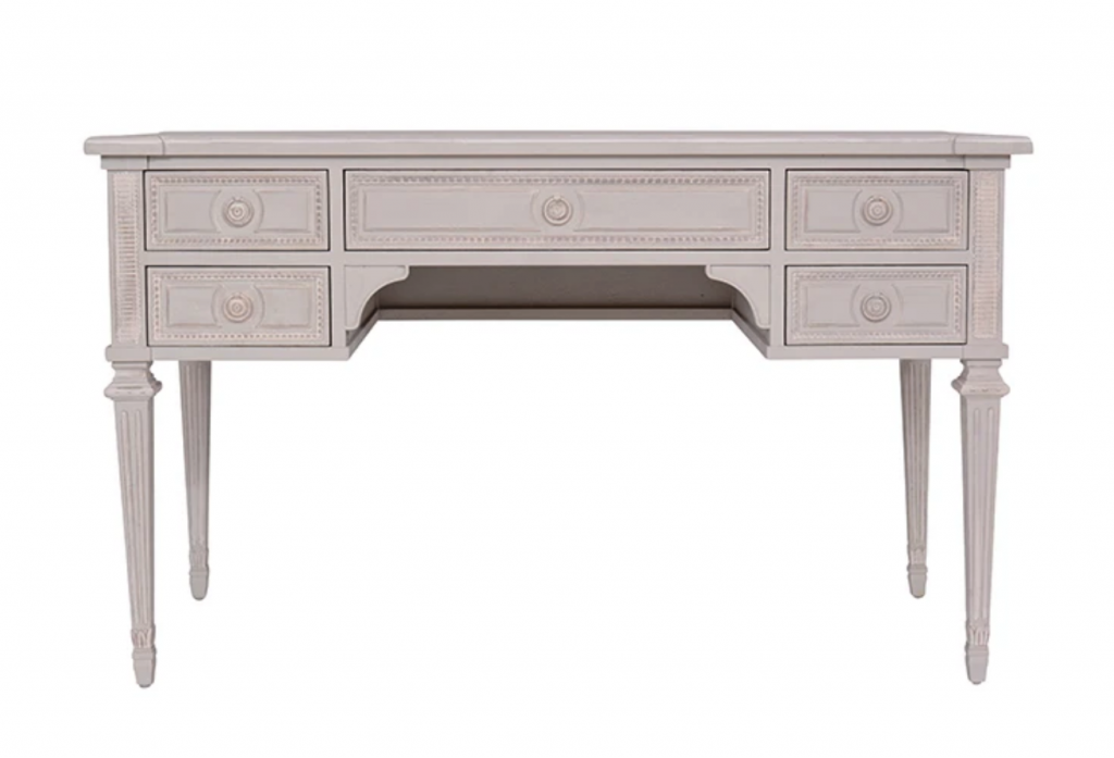 Beautiful hand carved and handprinted detailed desk in a light shade of taupe. 