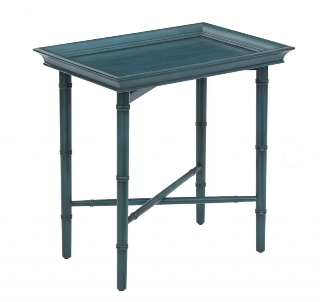 Aqua blue colored TV tray with shabby cottage style. 