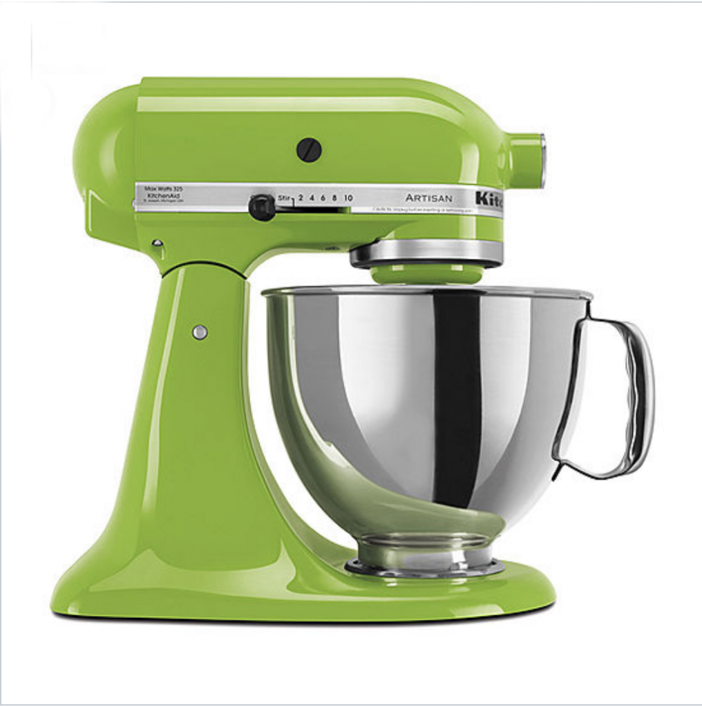 Green Kitchen Aid mixer with a silver mixing bowl.