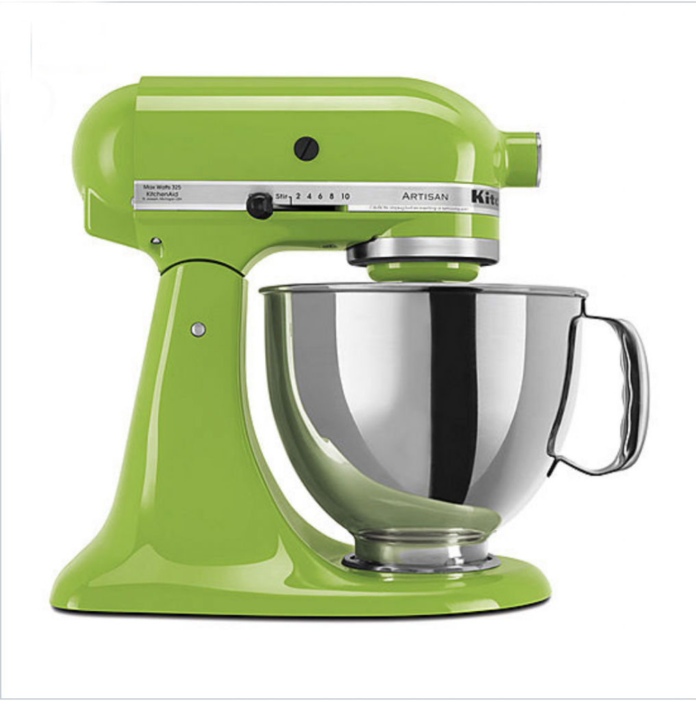 Green Kitchen Aid mixer with a silver mixing bowl. 