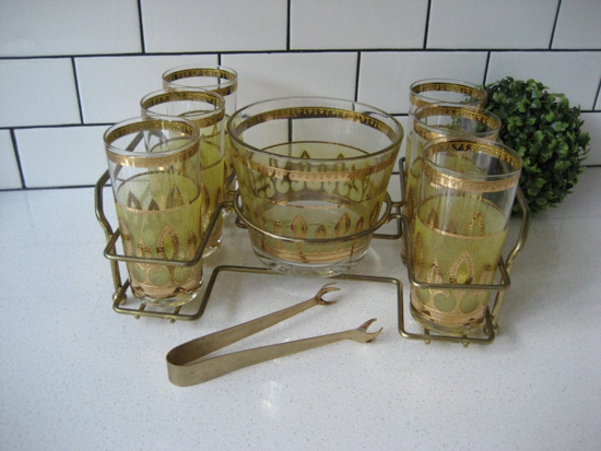 9pc Vintage Culver Bar Cart Set Midcentury Entertaining Embossed Gold and Chartreuse