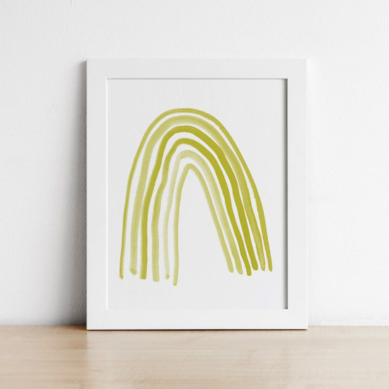 Chartruese rainbow art print in a white frame. 