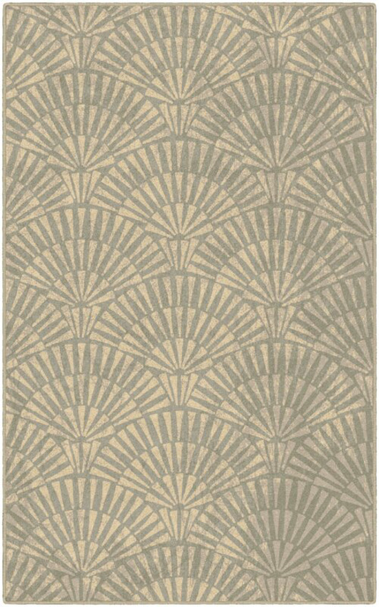 Large area rug in neutral tones with Art Deco themed pattern. 