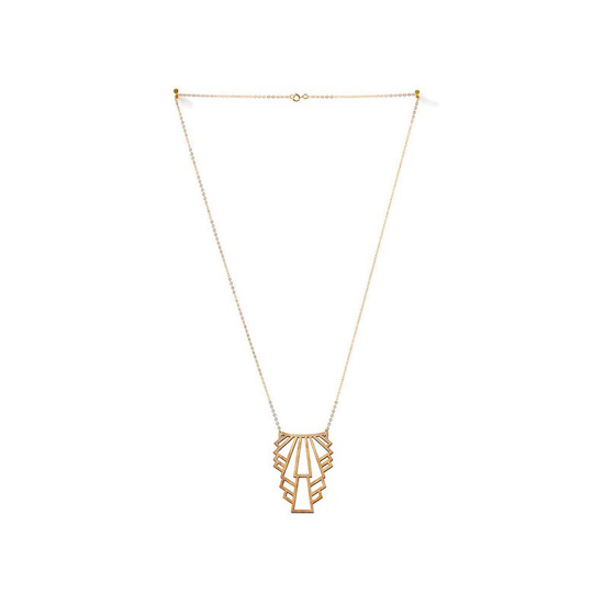 Gold Art Deco styled design on a gold chain necklace.