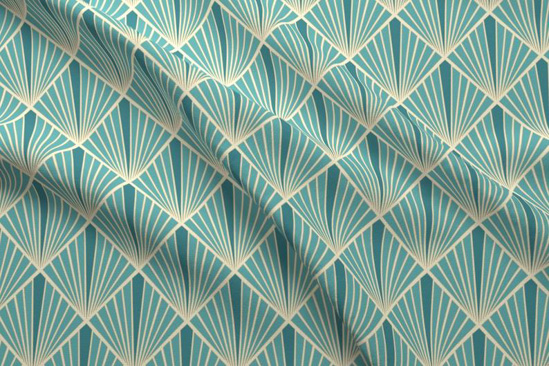 Turquoise colored Art Deco patterned fabric. 