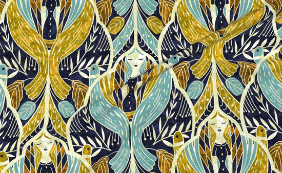 Goddess inspired Art Deco fabric in tones of blues and mustards. 