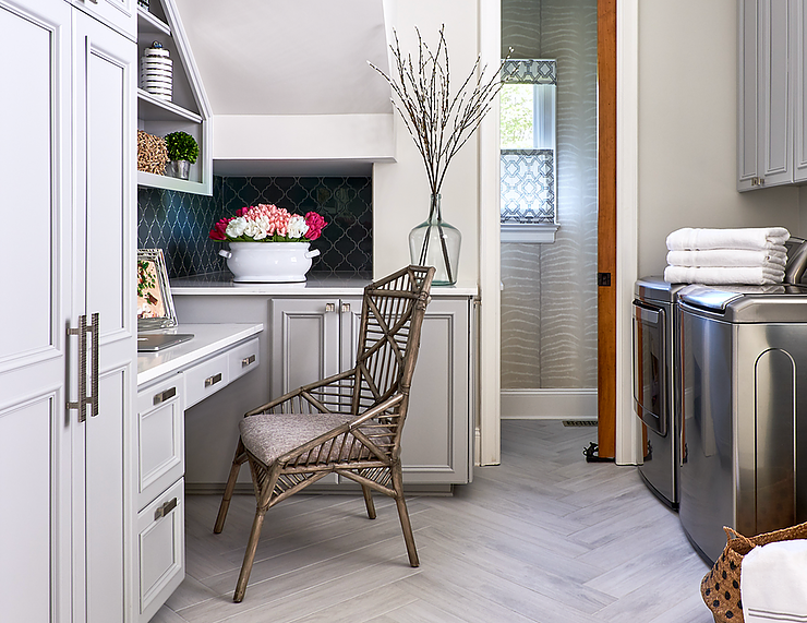 Small home office and laundry room, with white cabinetry and stainless steel appliances. 