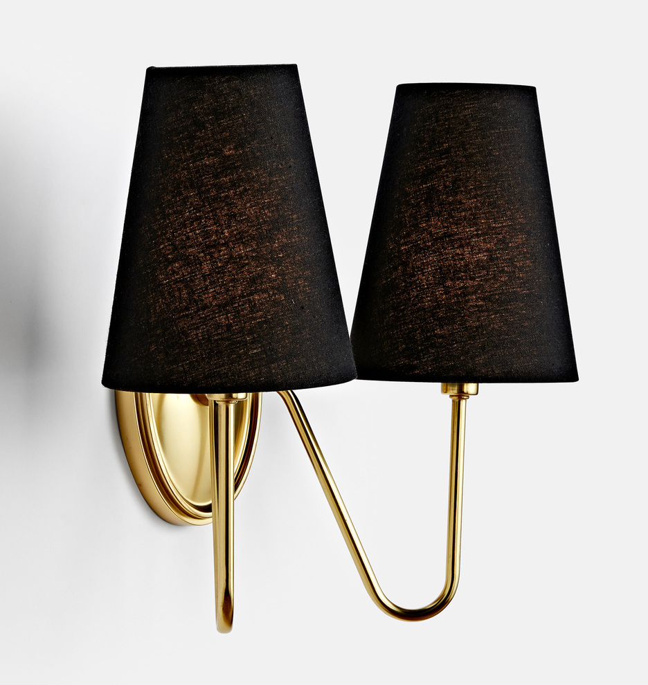 Brass double wall sconce with black linen shades.