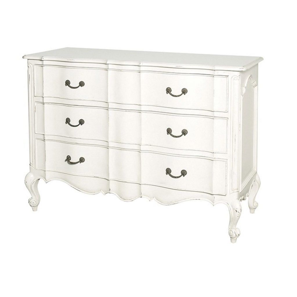 Slightly distressed, antique white classic chest of drawers. 
