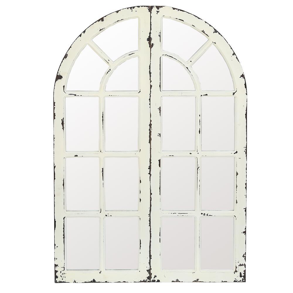 Shabby cottage style mirrored wall piece in the shape of a round-topped window. 