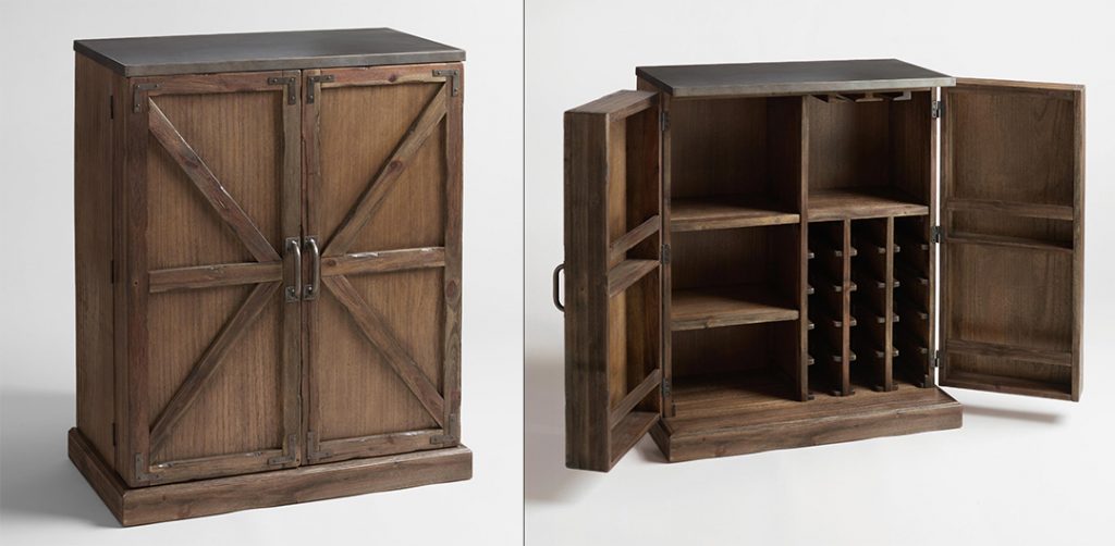 Wooden barn door style home wine cabinet with metal top. 