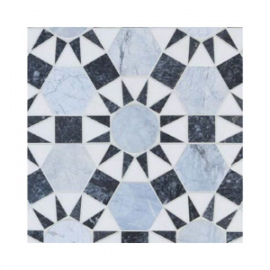 Hand painted cement tile in shades of blues and white.