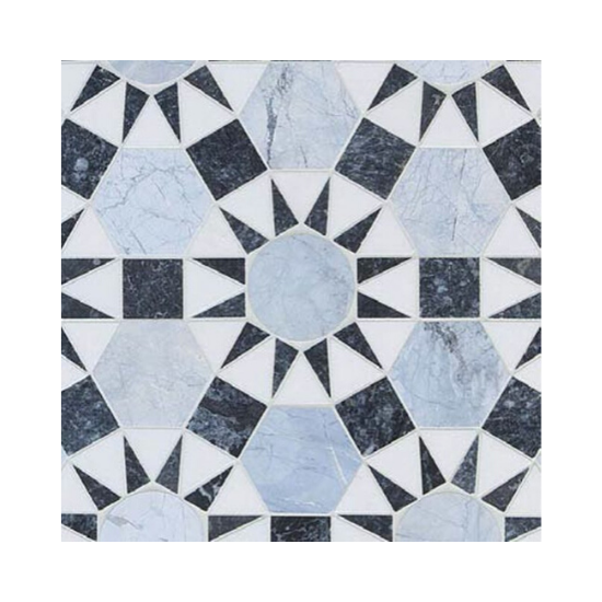 Hand painted cement tile in shades of blues and white. 