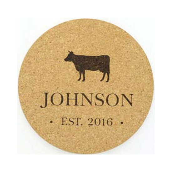 Farmhouse kitchen decor customized cork trivet with last name and a cow silhouette. 