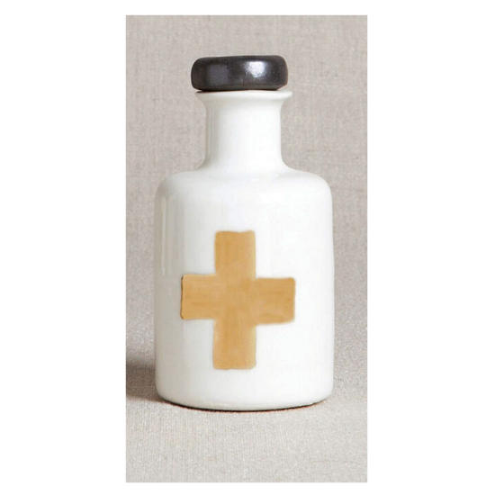 Porcelain apothecary bottle with silver lid and gold cross design. 