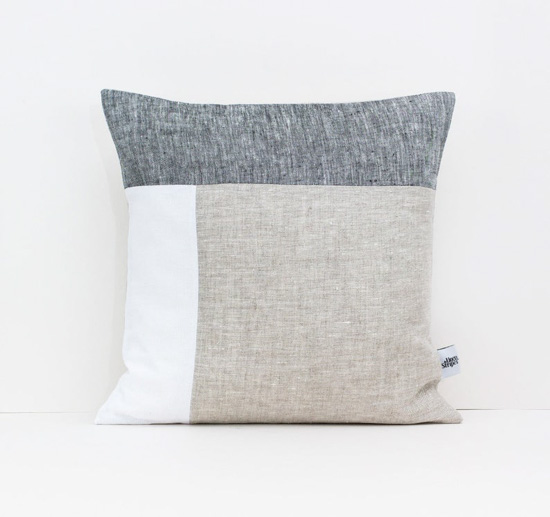 Color block linen pillow cover in gray, white and beige. 