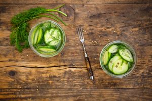 refrigerator pickles on beautiful wooden table