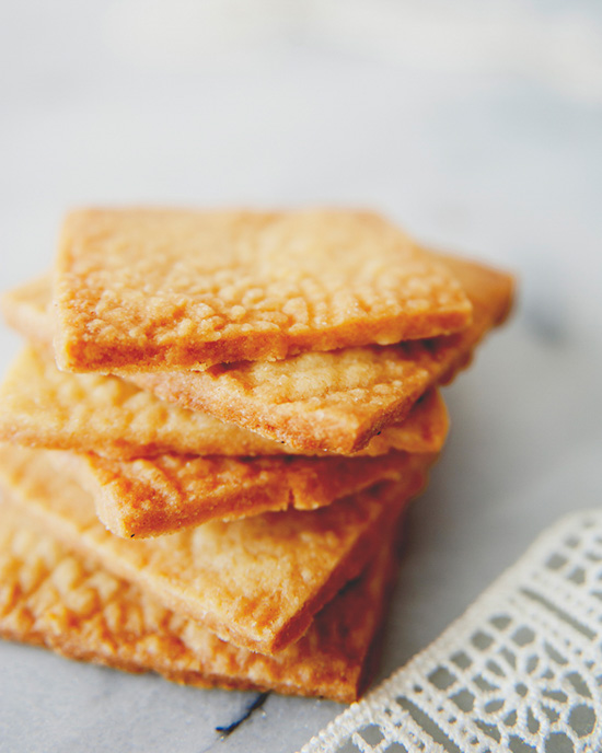 Stacked squares of Irish shortbread.