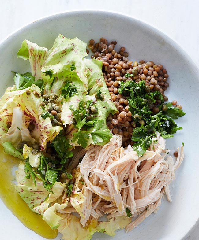 shredded poached chicken, french lentils and crisp spring lettuce salad