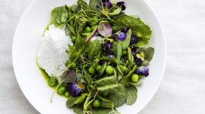 Spring salad with Peas and ricotta and fresh edible pansies