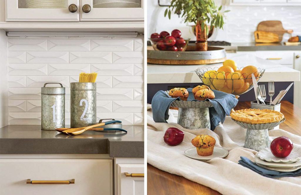 kitchen remodel with cream pillowed tile backsplash and hammered accents. 