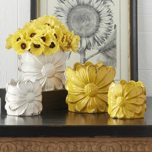 yellow and white daisy shaped cottages style indoor planters