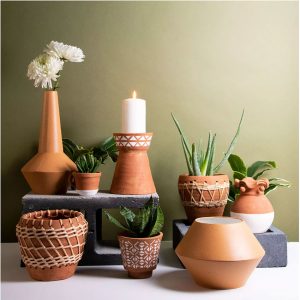 terrcotta planters with rattan weaving details