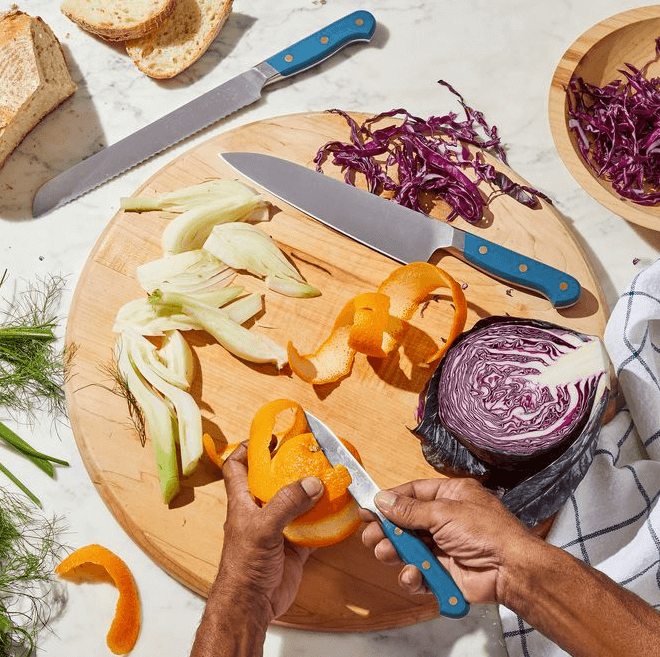 Set of blue handled knives for kitchen collection