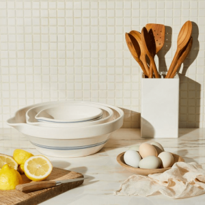 Nesting stoneware bowls with kitchen countertop