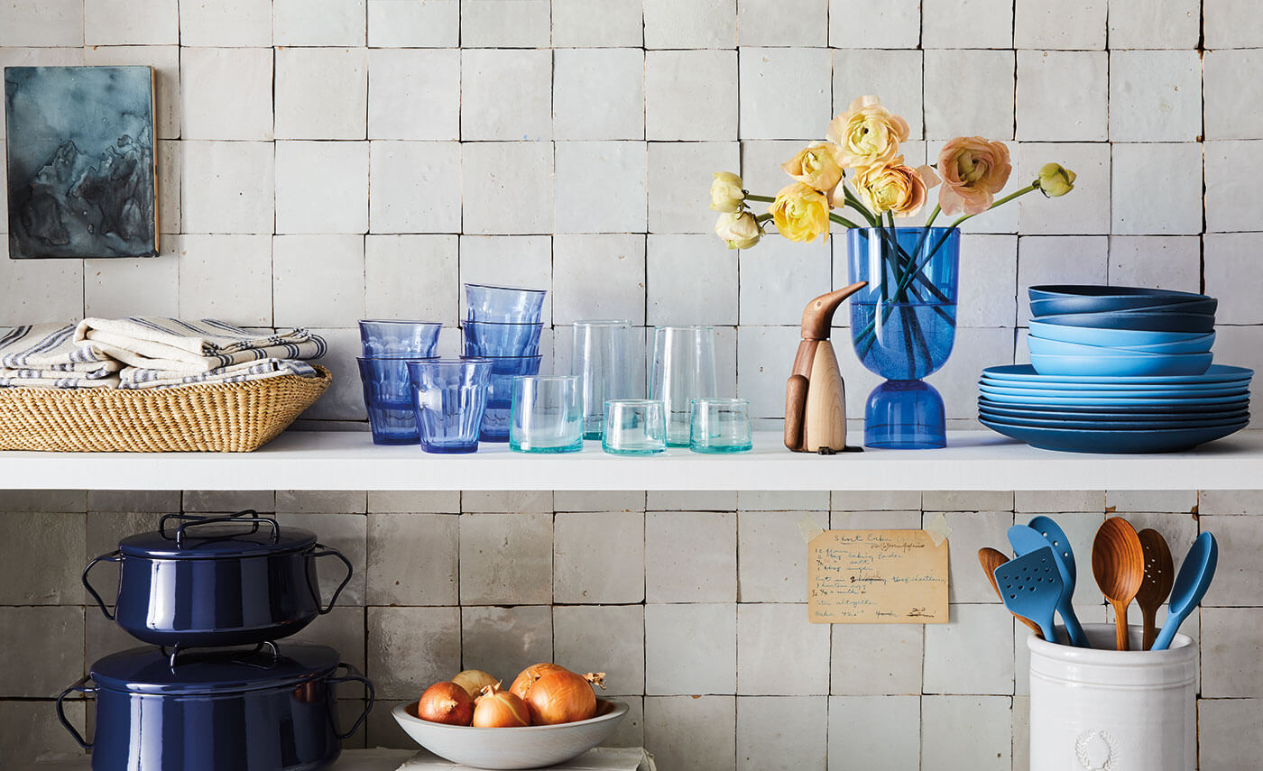 Open shelving with blue dishes