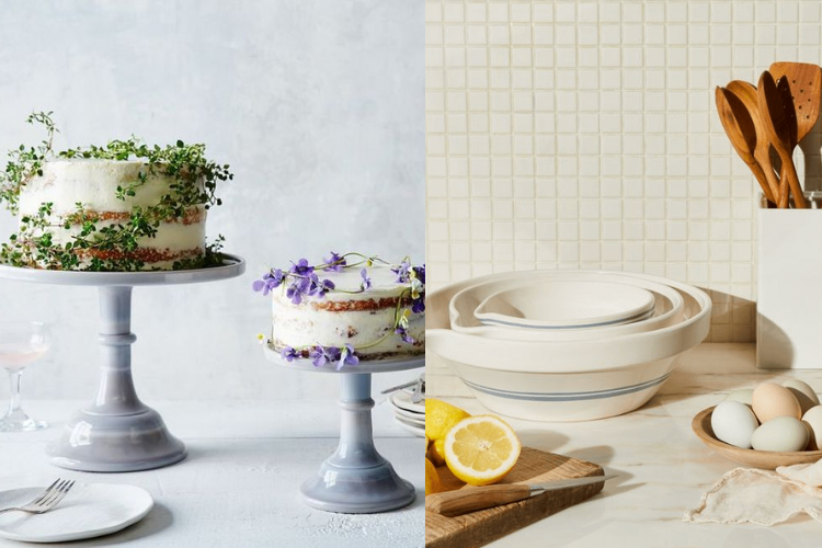 cake stands with cakes and stoneware nesting mixing bowls