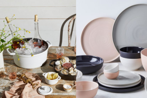bakeware with ice and wine, and set of pink and blue and white dishware for timeless kitchen collection