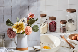 jug with felt flower bouquet and Mason jars with wood lids