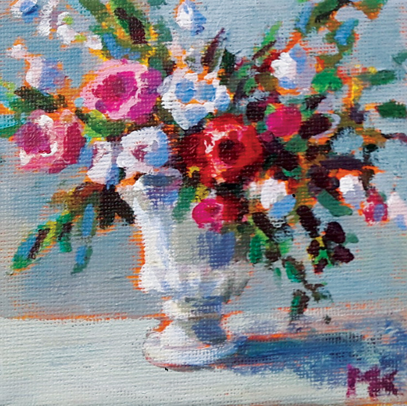 Marleen Kleiberg painting of a bouquet of pink, red and white flowers in an urn. 