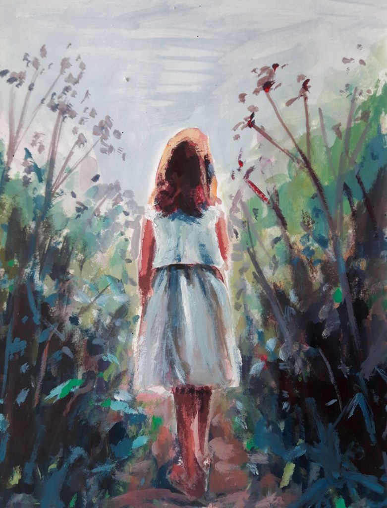 Marleen Kleiberg painting of a young girl in a white blouse and skirt walking through tall grasses