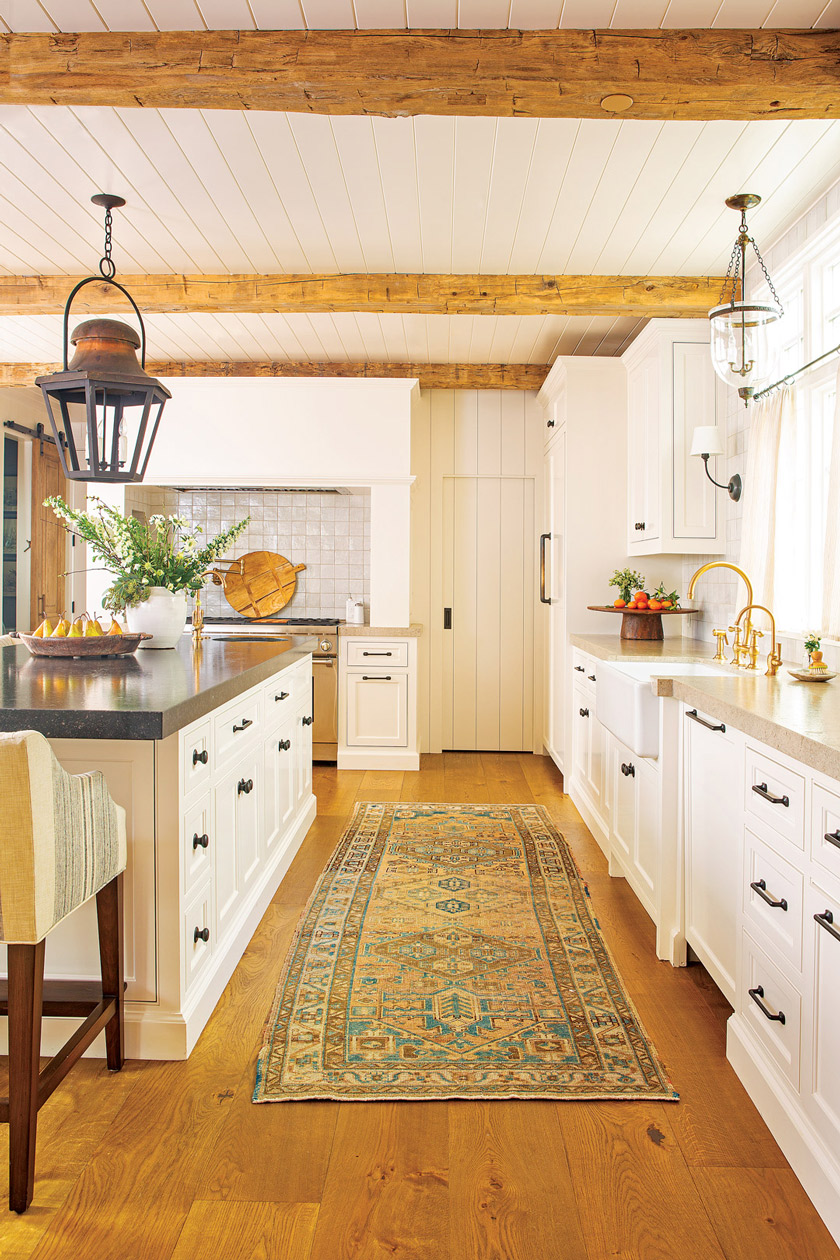 vintage Turkish rug in kitchen of the beach cottage