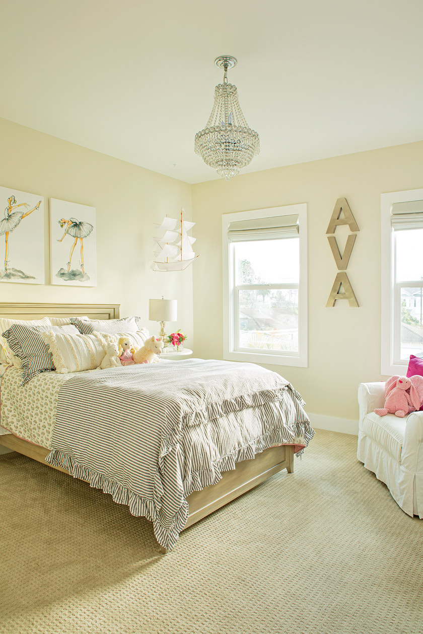 childs bedroom in white, pink and blue with ballarina art above bed