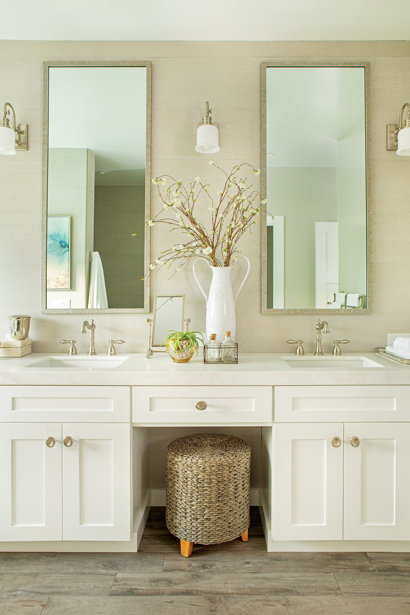 coastal farmhouse style master bathroom with two sink vanity and two large mirrors above sinks