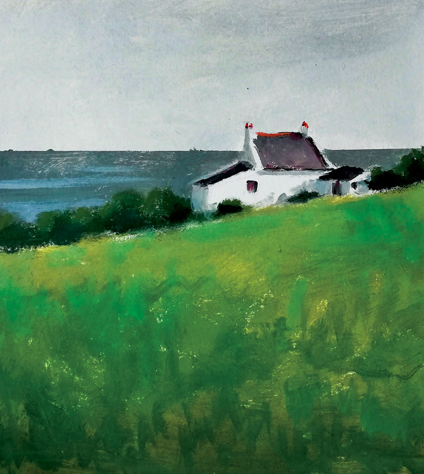 Marleen Kleiberg painting of a small white cottage in a field of green grass and the ocean in the background