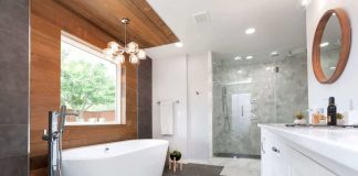 Bathroom with a gorgeous shower, tub, and vanity