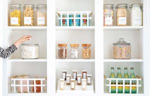 A stylish, organized pantry.