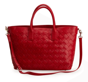 Red Longaberger leather handbag with signature weave pattern