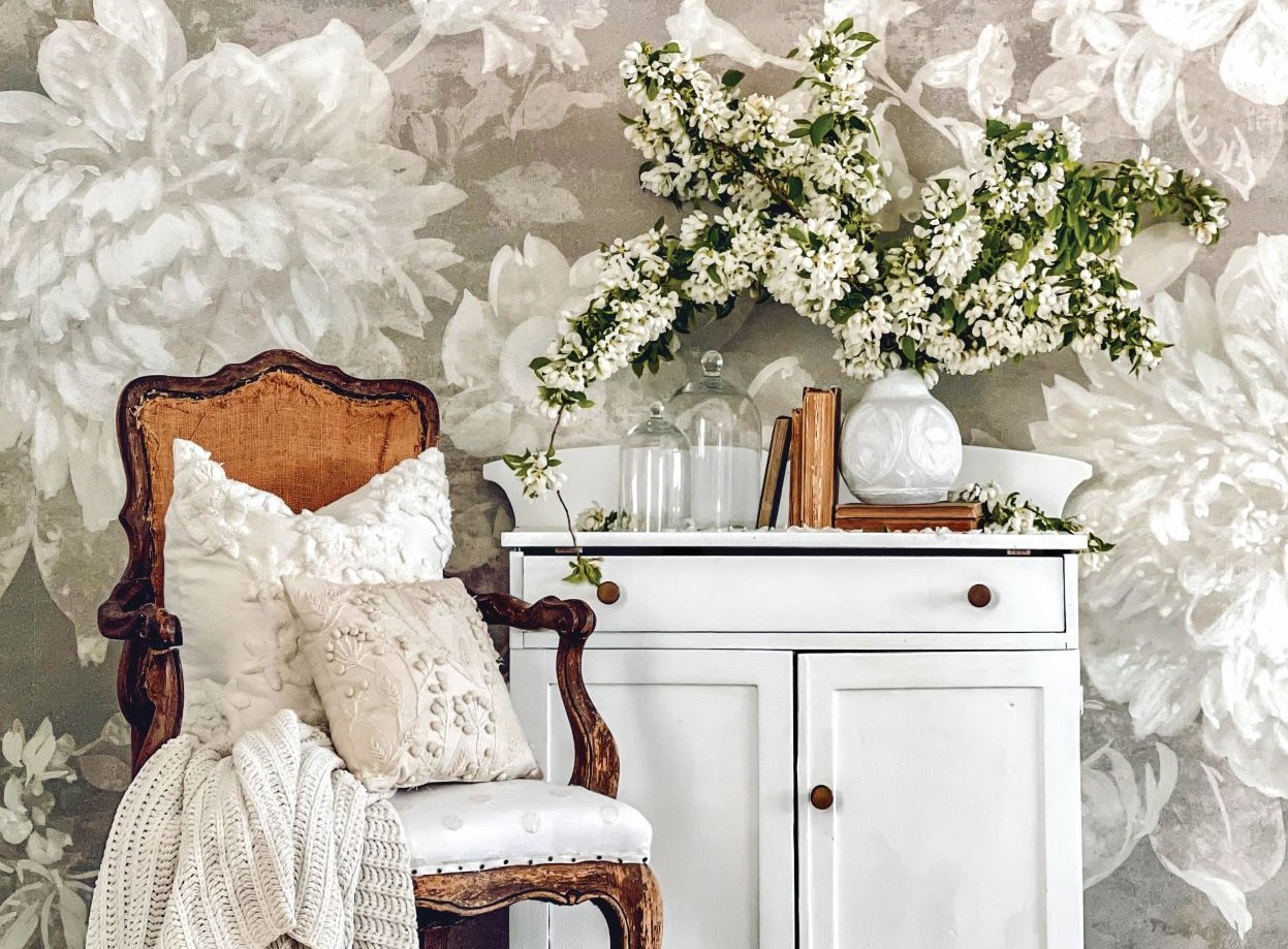 neutral vignette inspired by black and white floral wallpaper