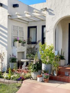 Plants and flowers on a cottage's front porch.