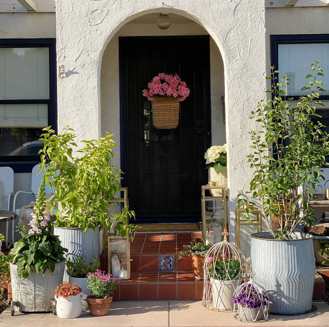 A cottage's front entrance and porch area