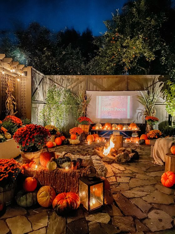 Backyard screening area decorated for fall