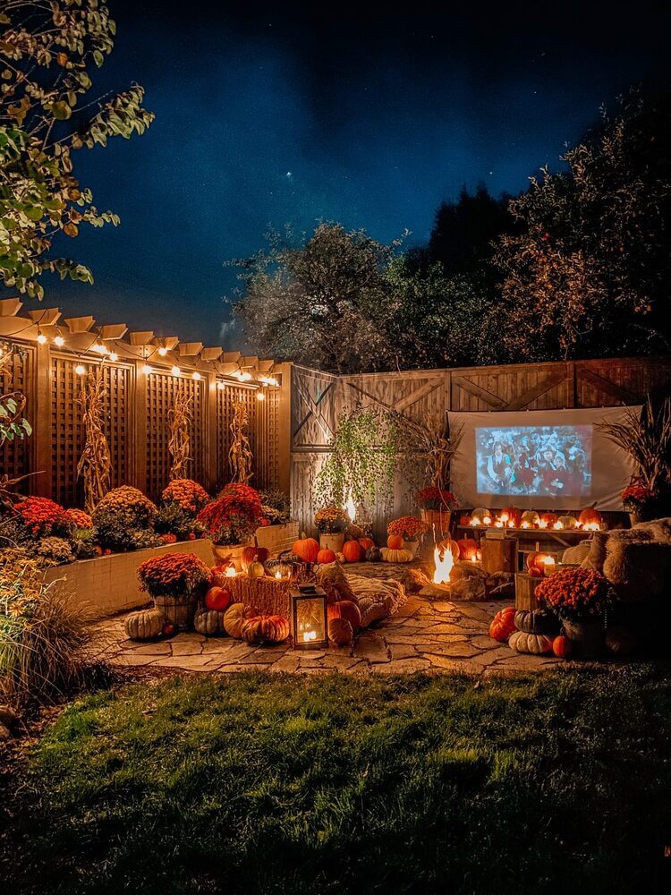 Backyard screening area decorated for fall