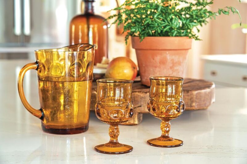 amber pitcher and glasses in renovated kitchen