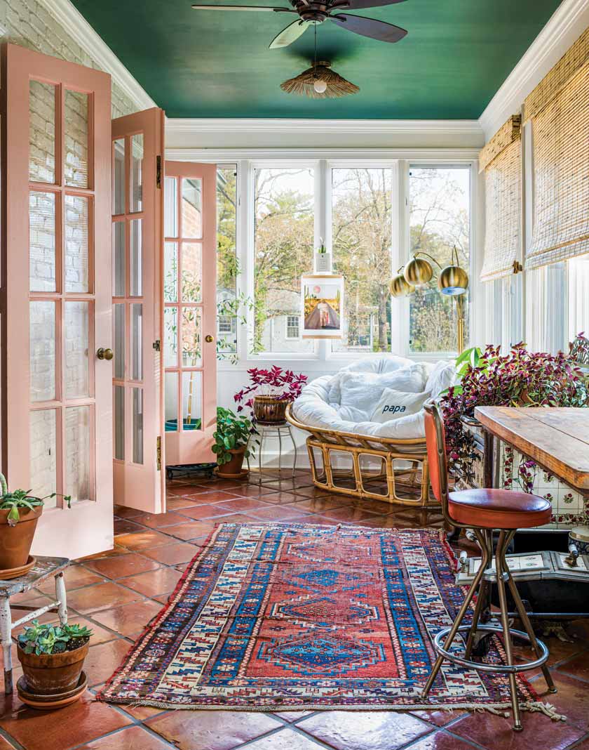 sunroom in colorful historic home in Nashville painted with historic colors
