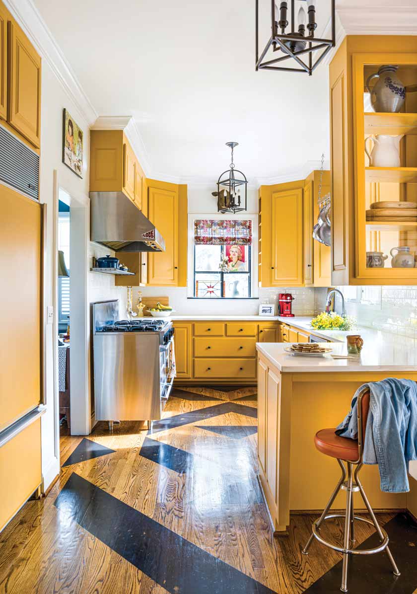 yellow cabinetry and patterned floor in Nashville historic home